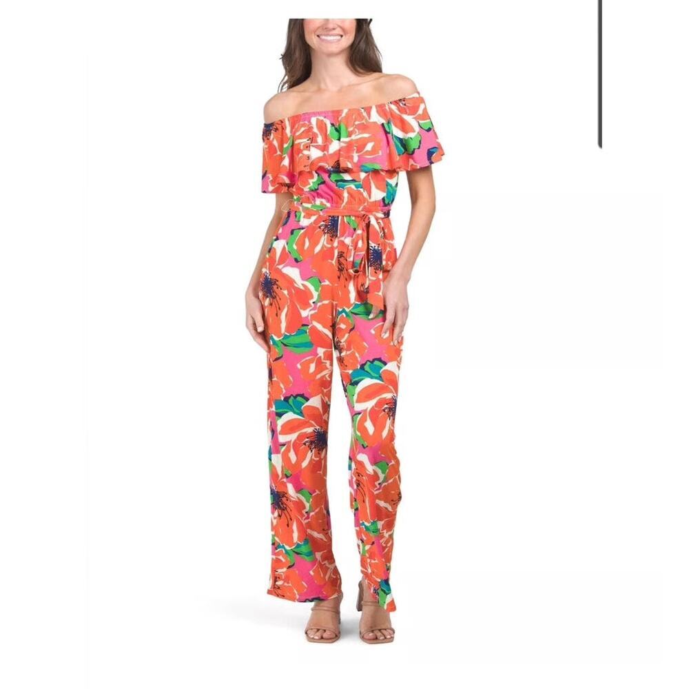 Trina Turk Off Shoulder Wide Leg Jumpsuit Red Pink Green Floral Print Size Small